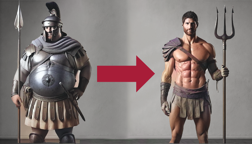 Overweight gladiator transforms into fit, muscular gladiator with a red arrow pointing right.